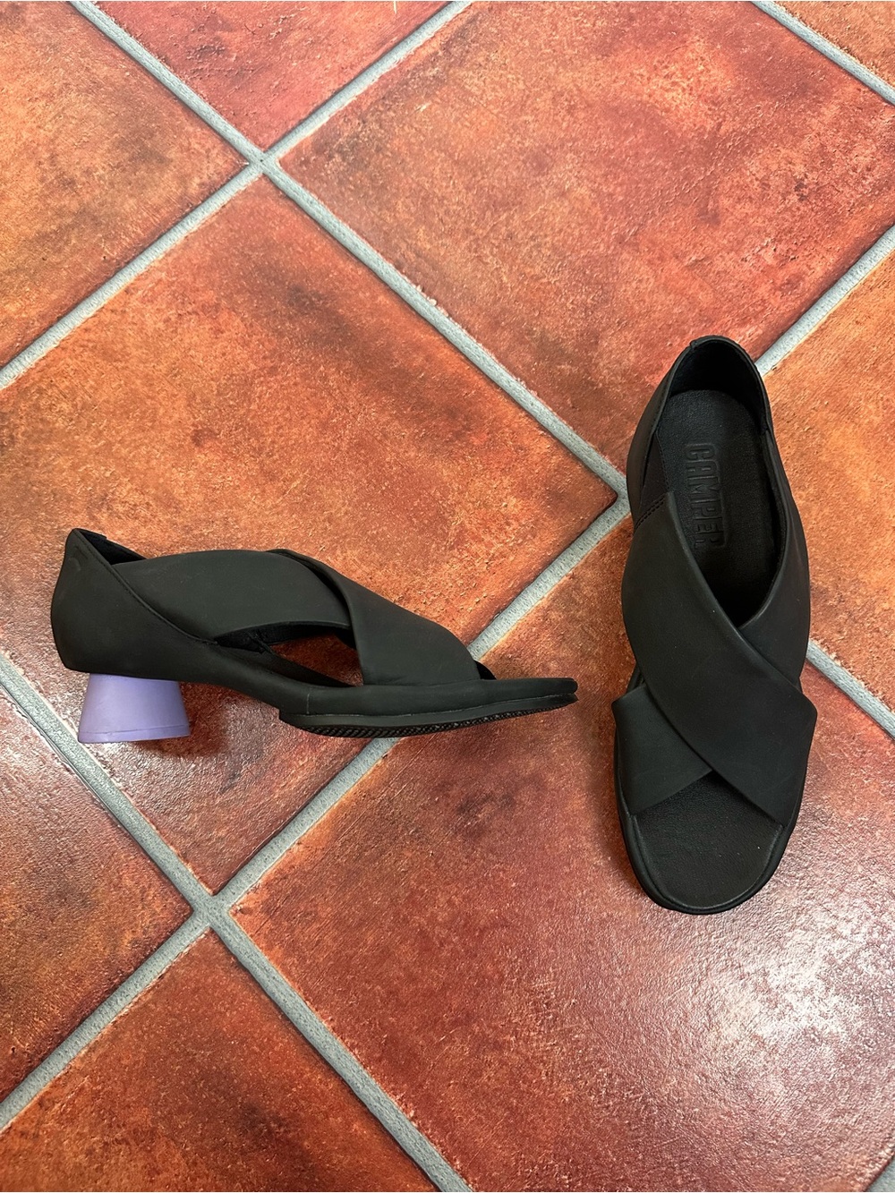 Camper Calfskin Leather Crisscross Sandals with Lilac Block Heel